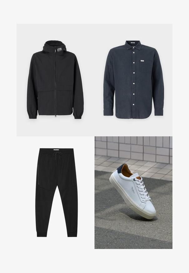 Černá větrovka s zipem vpředu, elastickými manžetami a kapucí. Obsahuje náprsní kapsu a hladkou, lehkou látku.; Tmavě modrá košile s dlouhým rukávem vyrobená z lnu, s límcem na knoflíky, přední kapsou a bílými knoflíky. Na kapse je logo Wrangler.; Černé sportovní kalhoty vyrobené z texturované tkaniny, s nastavitelným pasem, boční kapsou na zip a siženými manžetami.; Bílé kožené tenisky s námořnickým podpatkem, kulatou špičkou a kontrastními hnědými detaily. Obsahují ploché tkaničky a texturovanou gumovou podrážku.