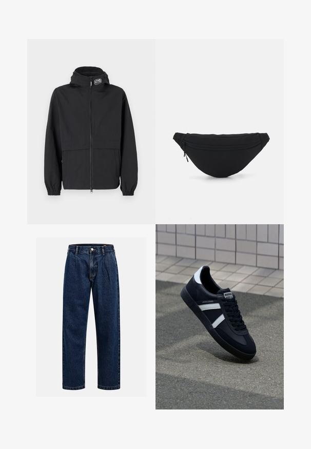 Zwarte windjack met een ritssluiting aan de voorkant, elastische cuffs en een capuchon. Voorzien van een borstzak en van een gladde, lichtgewicht stof.; Bruin gebreid pullover met een polo kraag, drie knopen bij de hals en lange mouwen. Zachte textuur, geribde manchetten en zoom.; Donkerblauwe denim jeans met een rechtlopende pasvorm. Beschikt over zichtbare stiksels, een knoopsluiting en voorste plooien voor extra detail.; Zwarte leren sneaker met witte strepen, een gestructureerde rubberen zool en vetersluiting aan de voorkant. Voorzien van een merklabel op de tong.; Zwarte stof heuptas met een afgeronde vorm, voorzak met rits en een gladde textuur. Geen zichtbare patronen of accenten. Lichtgewicht ontwerp.
