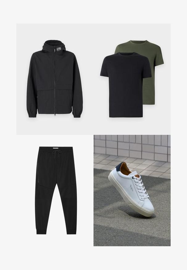 Musta tuulitakki, jossa on vetoketjullinen etuosa, joustavat hihansuut ja huppu. Sisältää rintataskun ja sileää, kevyttä kangasta.; Kaksi miehen kaula-aukolla varustettua t-paitaa mustana ja oliivinvihreänä, valmistettu pehmeästä puuvillakankaasta. Suunnittelu on yksinkertainen, lyhyet hihat ja suora leikkaus.; Mustat urheiluhousut, jotka on valmistettu teksturoidusta kankaasta. Housuissa on säädettävä vyötärö, vetoketjullinen sivutasku ja kapenevat hihnat.; Valkoinen nahkakenkä, jossa on tummansininen kantapää, pyöreä kärki ja ristikkäiset ruskeat korostukset. Varustettu tasapaksuilla nauhoilla ja teksturoidulla kumipohjalla.
