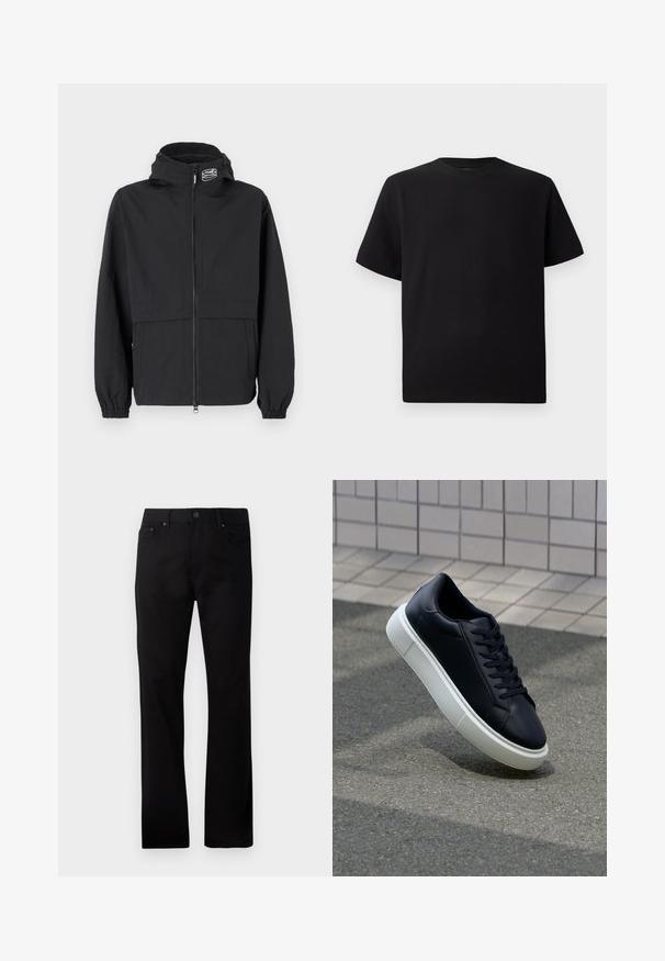 Schwarze Windjacke mit Reißverschluss, elastischen Bündchen und Kapuze. Mit einer Brusttasche und glattem, leichtem Stoff.; Schwarzes Kurzarm-T-Shirt aus strukturiertem Stoff, mit einem Rundhalsausschnitt und einer lockeren Passform. Einfach, ohne Muster oder Akzente.; Schwarze gerade Jeans aus Denim, mit einem Frontknopfverschluss, zwei Seitentaschen und einer glatten Textur.; Schwarze Leder-Sneaker mit runder Zehenpartie und weißer Gummisohle. Verfügt über flache Schnürsenkel und minimale Nähte im Obermaterial. Strukturiertes Sohlenprofil für besseren Halt.
