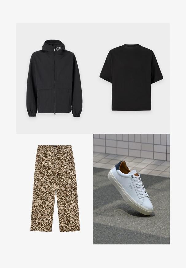 Sort vindjakke med lynlås foran, elastiske ærmer og hætte. Har en brystlomme og blødt, letvægtsstof.; Sort T-shirt med kortærmer i løs pasform, lavet af glat bomuld, med rund halsudskæring og minimalistisk design.; YOURTURN UNISEX - Jeans Relaxed Fit - beige/black; Hvide lædersneakers med en marineblå hæl, rund tå og kontrasterende brune detaljer. Har flade snørebånd og en tekstureret gummisål.