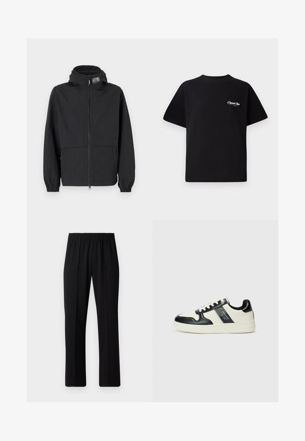 Melnā vējjakā ar rāvējslēdzēju priekšpusē, elastīgiem pintes piedurknēm un kapuci. Iekļauj krūšu kabatu un gludu, vieglu audumu.; Melnas kokvilnas t-krekls ar apaļu kakla izgriezumu, īsām piedurknēm un maziem baltiem logotipa uzrakstiem kreisajā krūšu daļā. Vienkāršs dizains, klasiskā piegriezne.; Melni elastīgi bikses ar taisnas kājas dizainu, ar gludu tekstūru un bez redzamām zīmēm vai detaļām.; Ādas sporta apavi ar melnbaltu krāsu shēmu, ar perforētiem akcentiem, mīkstinātu apkakli un teksturētu zoli.