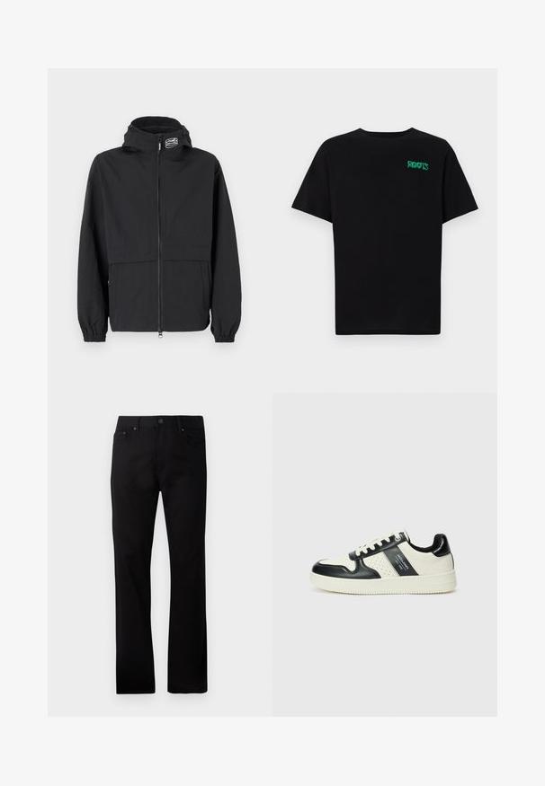 Sort vindjakke med lynlås foran, elastiske ærmer og hætte. Har en brystlomme og blødt, letvægtsstof.; Sort t-shirt lavet af bomuld med korte ærmer. Har et grønt "ROOTS" logo på forsiden, rund halsudskæring og almindelig pasform.; Sorte straight-leg jeans lavet af denim, med lukning foran med knap, to sidelommer og en glat overflade.; Lædersneakers i sort og creme farveskema, med perforerede detaljer, en polstret krave og en struktureret ydersål.