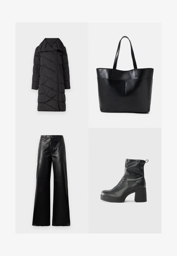 Black puffer coat with a diagonal quilted pattern, oversized collar, front zipper, and three-quarter length sleeves. Smooth, textured fabric.; Black ribbed long-sleeve fitted sweater with a round neckline, displayed against a plain light background.; Black high-waist wide-leg faux leather pants with front button, zip closure, belt loops, and side pockets on white background.; Black ankle boots made of smooth leather, featuring a side zipper, chunky textured heel, and rounded toe design.; Black leather tote bag with two long handles, a smooth texture, and a structured shape. Features a front pocket for additional storage.