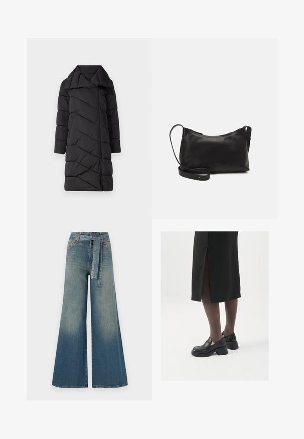 Svart uppblåsbar jacka med ett diagonalt quiltat mönster, överdimensionerad krage, framdragkedja och ärmar som går till tre fjärdedelar. Slät, texturerad tyg.; Mörk marinblå kort stickad tröja med ribbad textur, korta vida ärmar och rund halsringning. Enkelt design, inga synliga mönster eller detaljer.; Breda denimbyxor med en ljus till mörkblå gradient, hög midja, bälteshällor och ett matchande tygbälte. Texturerad denimfinish.; Svarta läderskor med rund tå, tjock klack utan häl och elastiska sidodetaljer, kombinerat med mörka strumpbyxor och en svart kjol med slits.; Svart läder axelväska med en slät yta, rundad form, justerbar rem och dragkedjestängning. Minimalistisk design utan utsmyckningar.