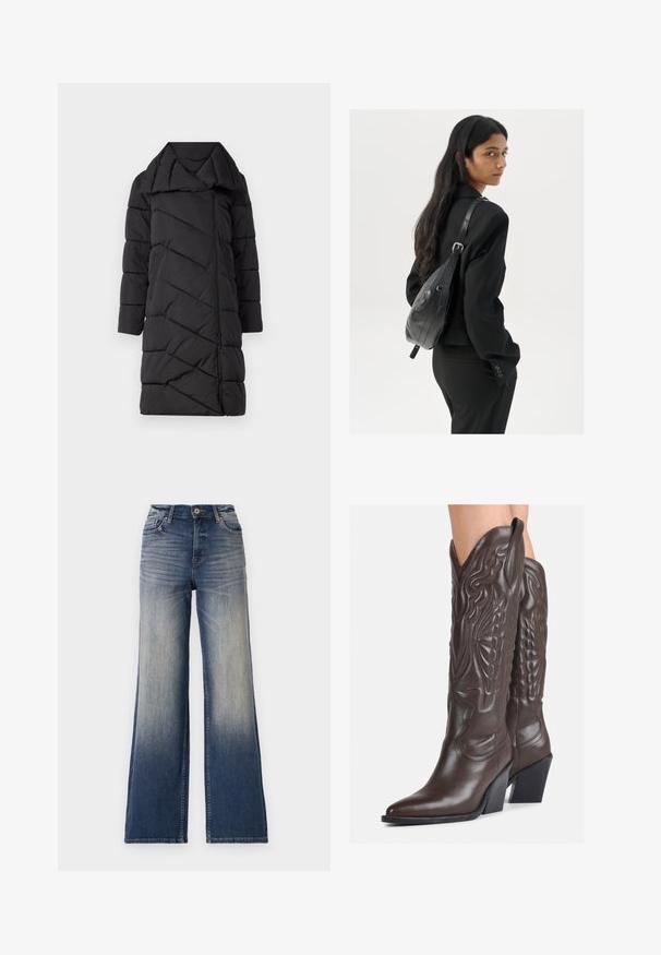 Črn puhovka z diagonalnim quilted vzorcem, prevelikim ovratnikom, sprednjim zadrževalnikom in rokavi do tri četrtine. Gladek, teksturiran material.; Bela brezrokavna majica iz rebraste tkanine, z zaobljenim izrezom in prilegajočim silhueto, z minimalnimi šivi in brez okraskov.; Trenutno visoke široke hlače iz svetlo do temno modrega jeansa z izblidimi notranjostmi, z gumbom za zapiranje in zankami za pas. Čist rob in brez vidnih okrasnih elementov.; Rjave usnjene kavbojske čevlje z ostrim nosom in blok peto, ki vsebujejo podrobno šivanje in dvignjene dodatke na zgornjem delu.; Ženska z dolgimi temnimi lasmi, oblečena v črn kostim, nosi črno usnjeno torbo čez ramo in se ozira čez ramo proti beli podlagi.