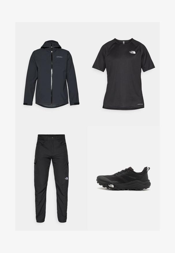 Berghaus ARNABY HOODED - Veste Hardshell - black; T-shirt de sport noir à manches courtes avec un tissu texturé, arborant un logo blanc sur la poitrine gauche et un ourlet droit.; The North Face HORIZON PANT - Pantalons outdoor - black; Chaussure de trail running noire avec une tige texturée, semelle en caoutchouc et bout renforcé. Présente un col rembourré et une tirette pour un enfilage facile.