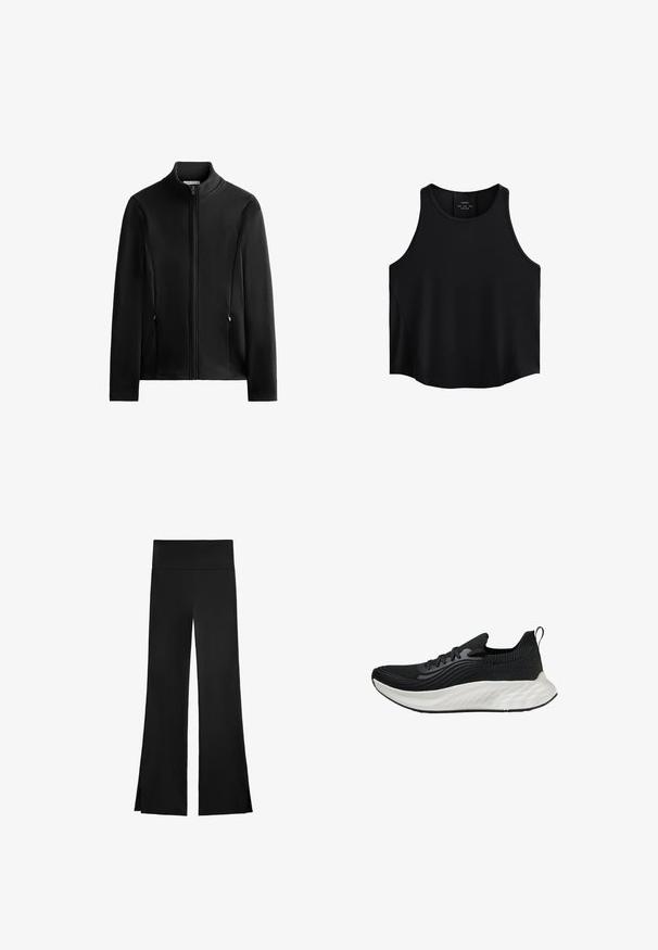 Černá zipová bunda s vysokým límcem, předními kapsami, hladkou texturou, dlouhými rukávy a jemným prošíváním. Hladký design, bez vzorů nebo log.; Černý bezrukávový top vyrobený z hladké látky, s kulatým výstřihem, rovného střihu a postranními panely s jemnou texturou.; Černé kalhoty s širokým střihem, mají vysoký pas a boční rozparky pro snadný pohyb. Vyrobené z hladké, pružné tkaniny.; Černá sportovní bota s texturovaným svrškem, bílou polstrovanou podrážkou a diskrétním brandingem. Obsahuje poutko a šněrování.