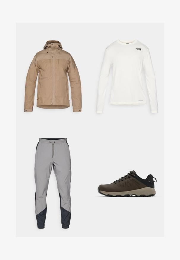 Light brown jacket with a high collar, zip closure, snap buttons, and drawstring hood. Made of textured fabric with contrasting shoulder panels.; White long-sleeve shirt with a round neck, textured fabric, black logo on the left shoulder, and subtle branding at the bottom.; Lightweight, gray athletic pants with black accents. Elastic waistband, drawstring closure, tapered leg design, and side pockets.; Brown waterproof sneakers with a textured upper, perforated accents, black heel support, and a grey rubber sole. Laces are styled with metallic ends.