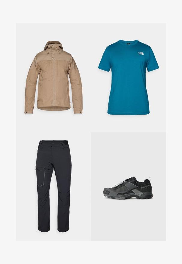 Casaco castanho-claro com colarinho alto, fecho de zip, botões de pressão e capuz com cordão. Feito de um tecido texturizado com painéis de ombro contrastantes.; T-shirt de manga curta em teal, feito de algodão macio, com um logótipo branco impresso no lado esquerdo do peito e um design clássico de gola redonda.; Calças de exterior pretas com um bolso com fecho na coxa, cintura elástica e tecido liso e resistente à água. Design limpo, sem logótipos visíveis.; Sapato de trail running preto com parte superior de malha durável, biqueira reforçada, sola de borracha texturizada e sistema de amarração elástico para um ajuste seguro.