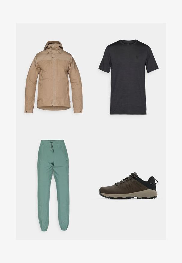 Svetlohnedá bunda s vysokým golierom, zipsom, patentkami a šnúrkovou kapucňou. Vyrobená z textúrovanej tkaniny s kontrastnými ramenami.; Čierne tričko s krátkymi rukávmi vyrobené z hladkej, ľahkej tkaniny. Má okrúhly výstrih a vyšívané logo na hrudi.; Svetlozelené športové nohavice s elastickým pásom a šnúrkou, s užšími manžetami a bočnými vreckami. Hladká textúra látky.; Hnedé vodoodolné tenisky s textúrovaným zvrškom, perforovanými detailmi, čiernou oporou päty a šedou gumovou podrážkou. Šnúrky sú ozdobené kovovými koncami.