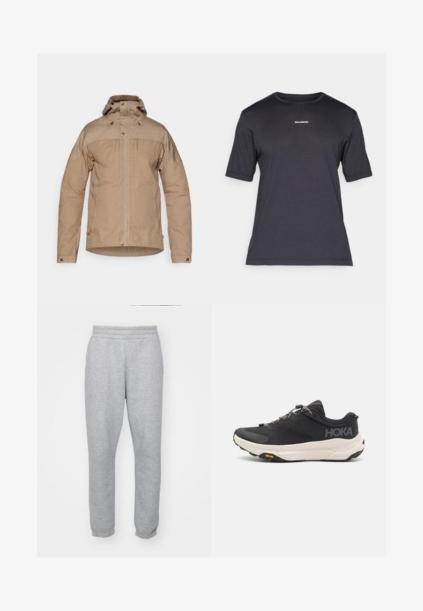 Ljusbrun jacka med hög krage, dragkedja, tryckknappar och dragsko i huvan. Tillverkad av textil med kontrasterande axelpartier.; Svart kortärmad prestandatröja i andningsbart material, med rund halsringning och liten vit "SALOMON"-logotyp på bröstet.; Grå mjukisbyxor i mjukt tyg, med elastisk midja och nedtill åtsittande mudd för en smal silhuett. Inga fickor synliga.; Svart sportskor med en texturerad ovansida, grå detaljer, reflektiva inslag och en tjock vit sula med Vibram-märkning.