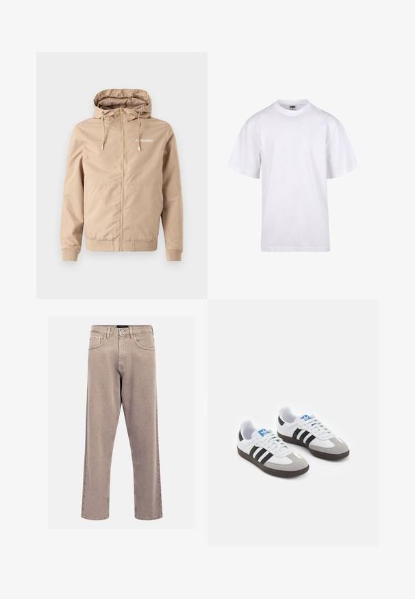 Jachetă bej cu fermoar, cu glugă, șnururi, și manșete elastice. Prezentă logo-ul "JACK&JONES" în alb pe partea stângă a pieptului.; Tricou alb din bumbac, cu guler rotund, mâneci scurte și croială lejeră. Dispune de un design simplu, fără modele sau accente.; Jeans bej cu croi drept, fabricate din denim, având un design clasic cu cinci buzunare, accente cusute și o finisare curată a tivului.; Încălțăminte sport cu un superior din piele albă, vârf din suede gri și trei dungi negre. Prezintă un logo albastru pe limbă și o talpă din cauciuc texturat.