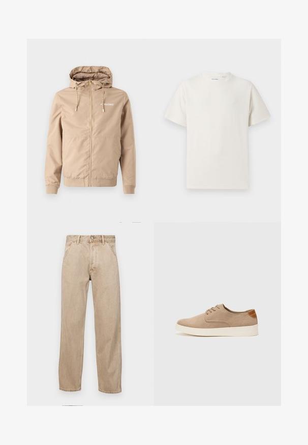 Beige zip-up jakke med hette, snor, elastiske mansjetter og hem. Har "JACK&JONES" logo i hvitt på venstre brystområde.; Hvit T-skjorte med kort erm i ribbestrikket tekstur. Rund hals, avslappet passform, ingen synlige mønstre eller detaljer. Enkelt og allsidig design.; Beige denimjeans med rett ben design, med frontlommer, metallknapplukking og subtil tekstur.; Beige semskinnsko med rund tå, snøring foran og en teksturert bakre aksent. Hvit gummisåle gir kontrast. Enkelt og moderne design.