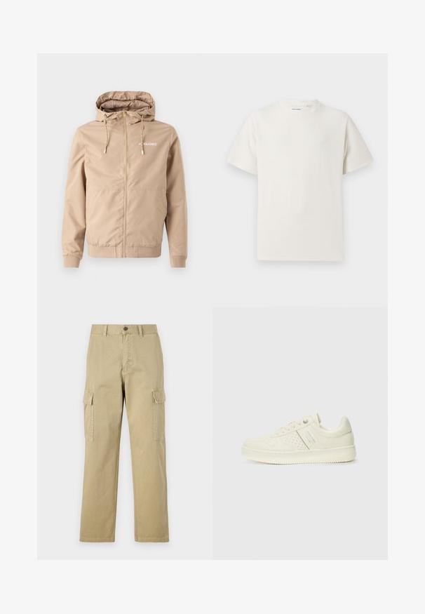 Beige cipzáras dzseki kapucnival, húzózsinórokkal, rugalmas mandzsettákkal és alsó szegéllyel. Bal mellen a "JACK&JONES" fehér logó található.; Fehér, rövid ujjú póló bordázott textúrával. Kerek nyakkivágás, laza szabás, nincs látható minta vagy díszítés. Egyszerű és sokoldalú dizájn.; Beige vászon cargo nadrág, két oldalsó zsebbel, gombos záródással, egyenes lábakkal és enyhén texturált anyagból készült.; Krém színű sneaker perforált részletekkel, fűzőkkel és logóval az oldalán, egy sima fehér háttér előtt kiállítva.