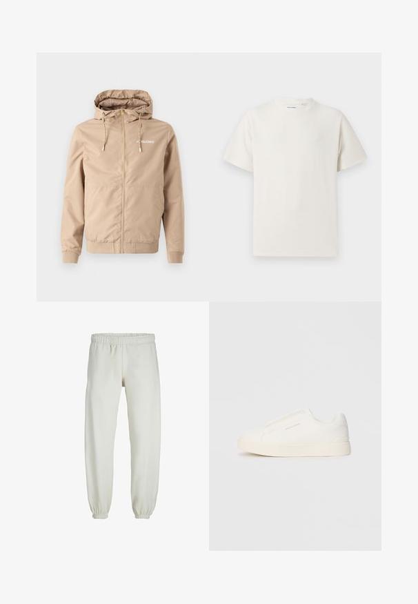 Bežová bunda na zips s kapucňou, sťahovacími šnúrkami, elastickými manžetami a lemom. Na ľavej strane hrude sa nachádza logo "JACK&JONES" v bielej farbe.; Biela krátka tričko s krátkym rukávom so žebrovanou textúrou. Okrúhly výstrih, uvoľnený strih, žiadne viditeľné vzory ani akcenty. Jednoduchý a všestranný dizajn.; Biele teplákové nohavice vyrobené z mäkkej textílie, s elastickým pásom a manžetami, s hladkým povrchom a voľným strihom.; Biele slip-on tenisky s textúrovaným povrchom, hrubou podrážkou a minimalistickým dizajnom. Obsahuje logo značky na boku.