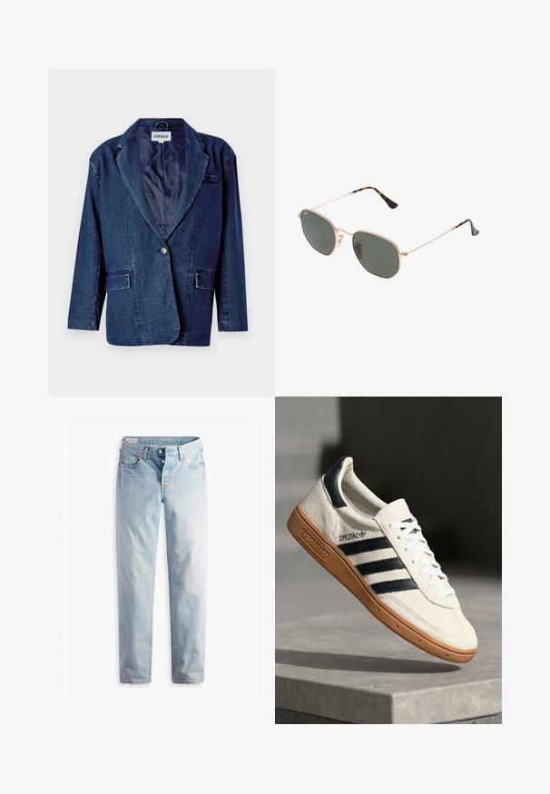Tumma sininen denim-takki, jossa on viistot kiinnitykset, yksinkertainen napp closure, kaksi etutaskua ja sileä sisävuori.; Harmaa neule pyöreällä pääntiellä, pitkät hihat ja ribbiresorit. Kangas näyttää pehmeältä, kevyt tekstuuri ja hieman väljä istuvuus.; Vaaleansiniset farkut, joissa on suora lahje, kaksi etutaskua ja kaksi takataskua. Mukana kaksi nappia kynnyksessä ja hienovarainen ompelu.; Valkoinen nahan näköinen sneaker, jossa on tummansinisiä raitoja, kuminen pohja, teksturoitu yläosa, pyöreä kärki ja nauhoitus; sisältää brändäystä sivussa ja kielekkeessä.; Kultaa metallikehyksiset aurinkolasit tummanvihreillä linsseillä, pilottilaatuinen tyyli, jossa on kapeat varret ja kilpikonnakuosiset korostukset päissä.; Ruskea mokkahoitokassi, jossa on kaareva muoto, kontrastiväriset ompeleet, kultaiset metalliosat ja vetoketjullinen etutasku.