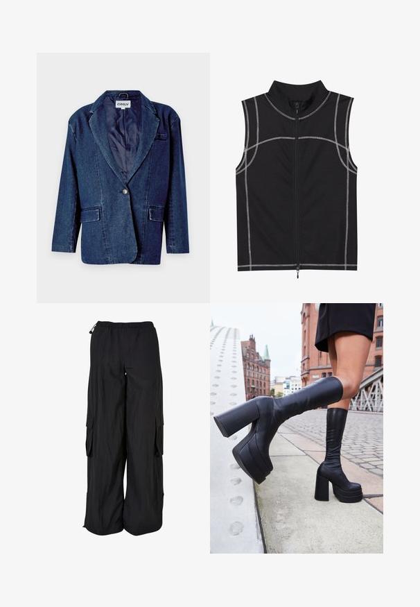 Tamsiai mėlynas džinsinis švarkas su išpjauta apykakle, vienu mygtuku, dviem priekinėmis kišenėmis ir lygiu vidiniu pamušalu.; Juodas bevandenis liemenė, pagaminta iš lygaus audinio, su sidabrinėmis siūlėmis ir priekyje užtrauktuku, su aukšta apykakle.; Juodos kargo kelnės su elastinga juosmens juosta, laisvas siluetas, lengvos medžiagos, šoninės kišenės ir subtilus tekstūruotas paviršius.; Juodi aukštakulniai bateliai iki kelių, pagaminti iš lygaus odos, su storais kvadratiniais kulnais ir elegantišku dizainu, prieš miesto fono.