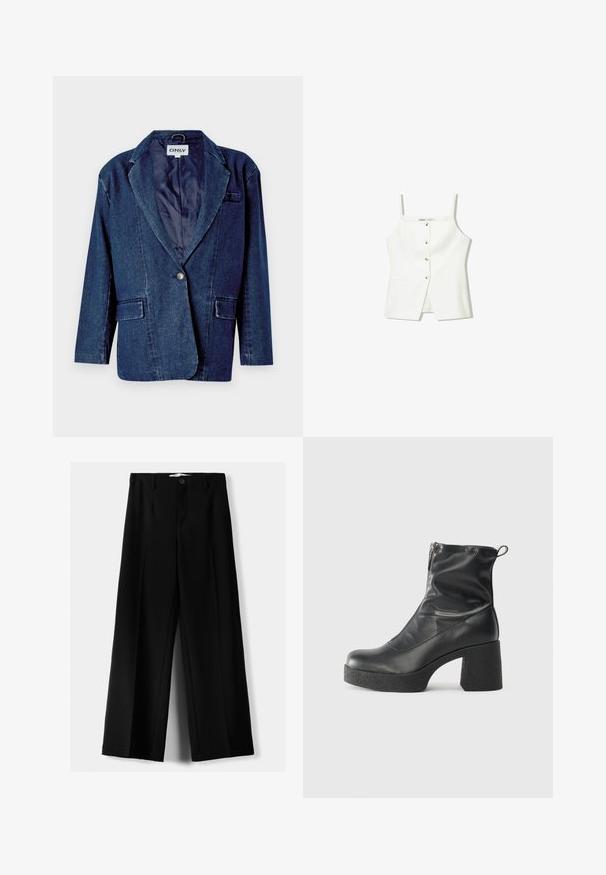 Temno modra denim jakna z odrezanim reverjem, enojnim gumbnim zapiranjem, dvema sprednjima žepoma in gladkim notranjim poddomom.; Bela brezrokavna majica z gumbi spredaj, stranskimi žepi in prilegajočim se krojem z rahlo razširjenim robom. Gladka tekstura, minimalno okrašena.; Črne široke hlače iz lahkega materiala, z zapiranjem na gumb spredaj in ravnim sprednjim delom, s skrbno zašiti robovi.; Črne gležnjarje iz gladke kože z božnim zadrgo, masivnim teksturiranim peto in zaobljeno obliko prstov.