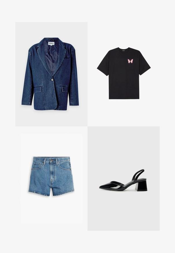 Temno modra denim jakna z odrezanim reverjem, enojnim gumbnim zapiranjem, dvema sprednjima žepoma in gladkim notranjim poddomom.; Črna bombažna majica s kratkimi rokavi, ki ima majhen roza metuljček na levi strani prsnega dela. Majica s krožnim ovratnikom in sproščenim krojem.; Jeans kratke hlače v svetlo modri barvi, z povezavami za pet žepov, zadrgo in gumbom. Rob je razfrcan, oblikovane so v sproščenem kroju.; Črne lakirane slingback pete s koničastim nosom in geometrijsko blokasto peto. Imajo eleganten, minimalističen dizajn in gladko teksturo.