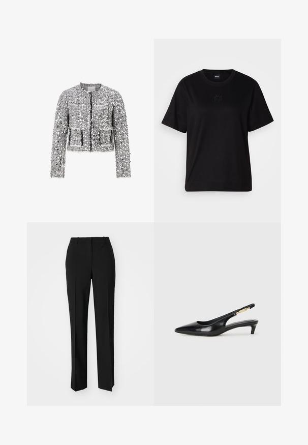 Silver sequin jacket with long sleeves, cropped design, and two front pockets. Features a round neckline and open front with no closures.; Black cotton t-shirt with a crew neckline, short sleeves, and an embroidered logo on the chest. Simple, relaxed fit with no patterns.; Black tailored trousers with a straight-leg design, featuring a smooth texture and crisp creases along the front. No visible hardware.; Black leather slingback heels with a pointed toe, featuring a slim heel and a gold-tone accent on the adjustable strap. Smooth texture.