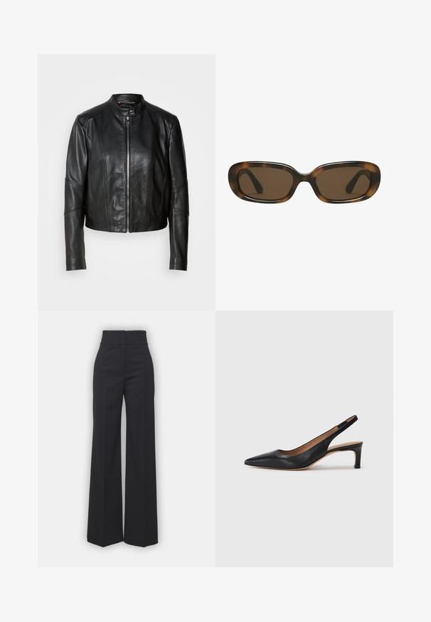 Melna ādas jaka ar augstu apkakli, priekšējo rāvējslēdzēju un pieguļošu dizainu. Iekļauj stūra šuves un īsu garumu. Gluda tekstūra.; Pelēks bez piedurknēm turtlenecks tops, cieši pieguloša silueta, ribota tekstūra, gluda auduma, ar augstu kaklu un stilīgiem plecu izgriezumiem.; Melni plaša kāju bikses ar augstu jostasvietu, kurām ir tīra apdare un gluda tekstūra. Nav redzamu detaļu vai rakstu.; Melnas ādas siksnas un papēža kurpes ar vērstu purngalu, zemu papēdi un gludu tekstūru. Aprīkotas ar plānu regulējamu siksniņu drošai piegulšanai.; Tortesjaka brilles ar gludu, noapaļu taisnstūra formu un brūnām lēcām. Funkcijas plānas, izliekta formas kājas ar spīguļojošu apdari.; Melnas ādas rokassoma ar izliekumu formu, sudraba rāvējslēdzis un īsu rokturi. Priekšpusē ir smalks logo un gluda tekstūra.