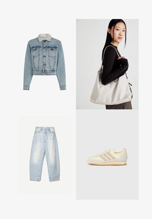 Beskåret denimjakke i lyseblå. Har en falsk shearlingkrave, knaplukninger, to brystlommer og en falmet overflade med stikninger.; Sæt med to langærmede toppe i hvid og sort. Ribbet tekstur, rund halsudskæring, tætsiddende design med let udvidede ærmer.; Lyseblå denimbukser med en loose fit, der har en falmet finish, to forlommer og en knaplukning i taljen.; Creme atletisk sneakers med tre beige striber, lavet af ruskind og tekstilmaterialer, en struktureret sål og prægede mærker på hælen.; Beige håndtaske lavet af blødt materiale med et slouchy design, stikninger og to skulderremme. Velegnet til daglig brug.