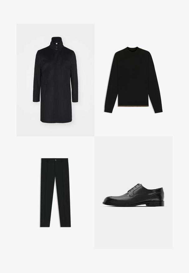 Svart ullrock med hög krage, två framfickor och stängning med tre knappar. Rakt snitt och jämn yta, minimalistisk design.; Svart stickad tröja med långa ärmar och hög krage. Har en guldaccent vid fållen. Slät textur och figurnära design.; Svarta dressbyxor med rak bendesign, gjorda av ett mjukt tyg. Har stängning med frontknapp och bälteshällor. Enfärgade utan mönster.; Svarta läderkläderskor med rund tå, slät yta, minimala sömmar och platt sula med subtil logotyp på hälen.