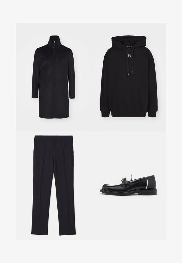 Cappotto di lana nera con collo alto, due tasche frontali e chiusura a tre bottoni. Taglio dritto e texture liscia, design minimale.; Felpa nera con cappuccio, dotata di un cordoncino frontale, polsini e orlo a costine, e un piccolo dettaglio ricamato circolare sul petto.; Pantaloni neri su misura realizzati in tessuto morbido, con due tasche laterali, design a gamba dritta e senza pattern o accenti visibili.; Mocassino in pelle nera con punta arrotondata, accenti bianchi e dettagli in oro sulla parte anteriore. Presenta un patch testurizzato e un tacco impilato.