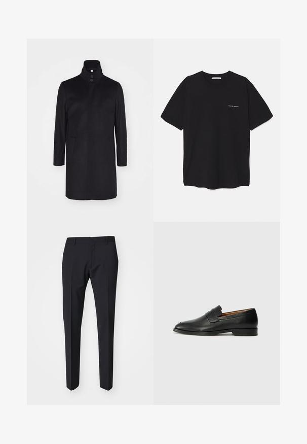 Crni vuneni kaput s visokim ovratnikom, dva prednja džepa i zatvaranjem na tri dugmeta. Ravnog kroja i glatke teksture, minimalističkog dizajna.; Crna pamučna majica s okruglim izrezom, kratkim rukavima i bijelim logotipom otisnutim na lijevoj strani prsnog koša. Jednostavan dizajn u jednoj boji.; Tamno plave hlače uskog kroja. Napravljene od glatkog, teksturiranog materijala, s ravnim prednjim dijelom, petljama za remen i bočnim džepovima.; Crni kožni loafer s okruglim vrhom, suptilnim šavovima i niskim petama, s glatkom teksturom i minimalističkim dizajnom.