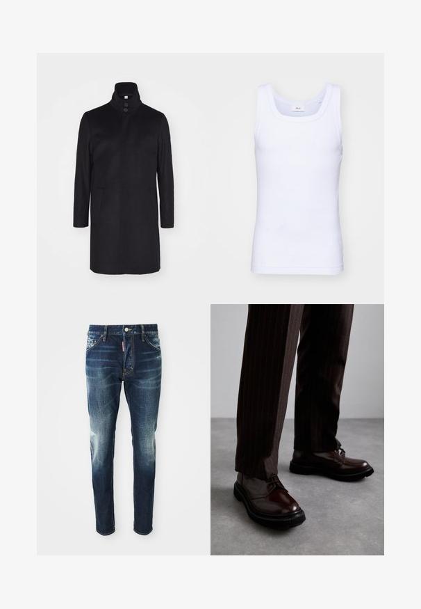 Casaco de lã preto com uma gola alta, dois bolsos frontais e fecho de três botões. Corte reto e textura lisa, design minimalista.; Top de algodão branco sem mangas com decote redondo, apresentando uma textura suave e um corte ajustado, projetado para uso casual.; Jeans de ganga azul escuro com um corte slim, apresentando áreas desbotadas nas coxas e joelhos, cinco bolsos e um fecho de botão metálico.; Sapatos de couro castanho com atacadores e um acabamento brilhante, sola de borracha preta e costuras subtis. Usados com calças castanhas à risca.