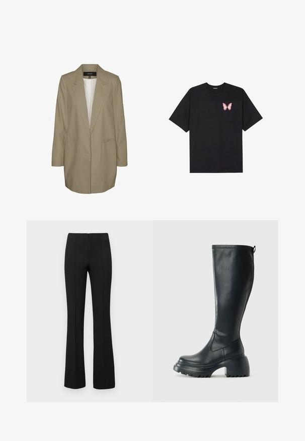 Gaišs khaki bleiseris ar piegriezuma siluetu, ar iegrieztiem apkakles galiem un divām sānu kabatām. Iekšpuse ar oderi, ar vertikāliem svītrainiem rakstiem. Garas piedurknes.; Melna kokvilnas T-krekls ar īsām piedurknēm, kuram priekšā kreisajā pusē ir neliels rozā tauriņa grafiskais attēls. Ar apaļu kaklu un brīvā stila piegriezumu.; Melnas flared bikses ar ribotu tekstūru un pieguļošu vidukli. Dizainā ir vertikālas šuves, lai radītu plūdenu izskatu. Nav redzamu aprīkojumu.; Augstas melnas ādas zābakus ar masīvu platformu un bloka papēdi, ar vilkšanas cilpu un strukturētu profilu uz ārējā zoles.