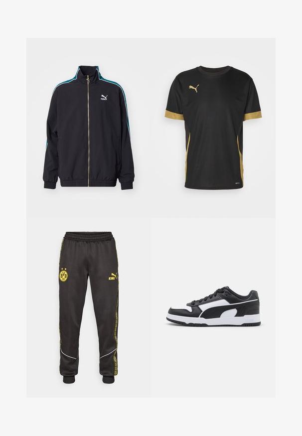 Puma T7 PLAY.LOUD. TRACK - Training jacket - puma black; Black athletic T-shirt with gold accents on sleeves and side. Features a round neck, short sleeves, and moisture-wicking DRYCELL fabric.; Black athletic pants with yellow Borussia Dortmund BVB 09 and Puma King logos, elastic waistband, and patterned yellow side stripes.; Black and white sneaker with a leather upper, textured accents, padded tongue, lace-up design, and a rubber outsole featuring grooves.