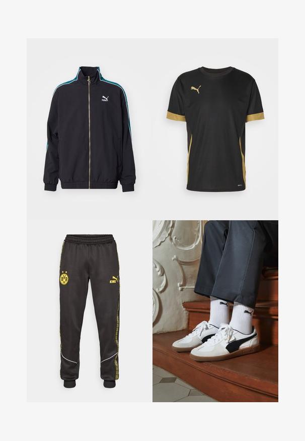Puma T7 PLAY.LOUD. TRACK - Treniņjaka - puma black; Melna sporta T-kreklu ar zelta akcentiem uz piedurknēm un sāniem. Tam ir apaļa apkakle, īsas piedurknes un mitruma kontrolējošs DRYCELL audums.; Melni sporta bikses ar dzelteniem Borussia Dortmund BVB 09 un Puma King logotipiem, elastīga jostasvieta un rakstainas dzeltenas sānu svītras.; Puma kedas baltā un melnā zamšā, ar brūnu gumijas zoli. Pāris ar baltām zeķēm, kurās redzams melns logo, nēsātas ar tumšām biksēm.