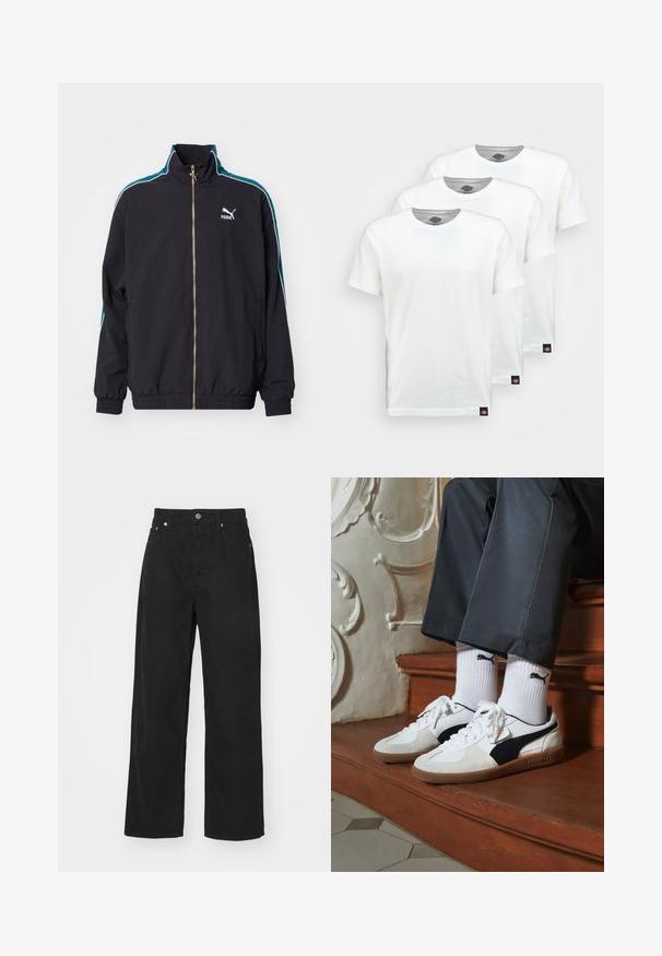 Puma T7 PLAY.LOUD. TRACK - Träningsjacka - puma black; Tre enkla vita bomull t-shirts med kort ärm. Varje tröja har en rund halsringning och en liten svart logotag på vänster sida.; Svarta jeans med rak bendesign, med fem fickor, knappstängning och klassisk midja. Slät struktur.; Puma-sneakers i vit och svart mocka, med en brun gummisula. Kombinerade med vita strumpor som visar upp en svart logotyp, bärs tillsammans med mörka byxor.