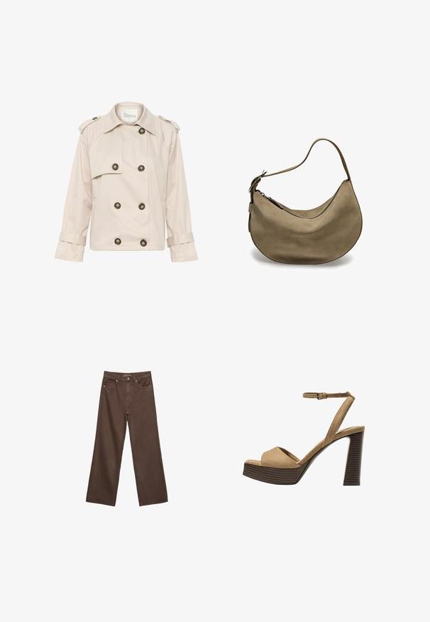 Giacca trench doppiopetto beige in cotone con bottoni dorati, spalline e maniche arrotolate. Tessuto morbido.; Maglietta a maniche corte marrone realizzata in tessuto morbido, con scollatura rotonda e vestibilità rilassata. Nessun motivo o dettaglio visibile.; Jeans a gamba larga marroni in denim, con vita alta, tasche anteriori e chiusura a bottone classica. Tessuto liscio con cuciture sottili.; Sandali con tacco alto in suede beige, con una larga fascetta anteriore e una fascetta alla caviglia, dotati di un tacco blocco in legno spesso con una finitura testurizzata.; Borsa hobo in suede marrone con forma curva, tracolla singola, chiusura con zip e superficie liscia. Design semplice con dettagli hardware minimi.
