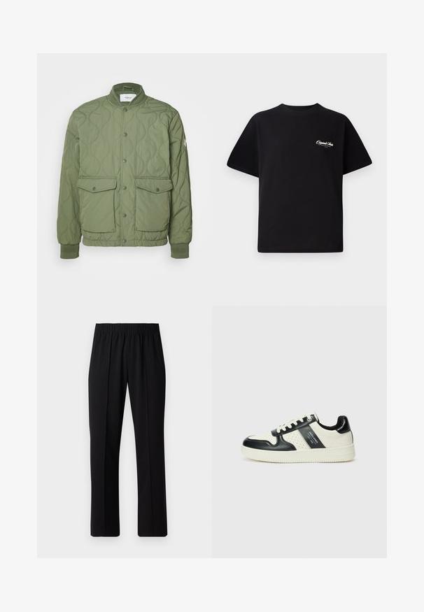 Groene gewatteerde jas met een ronde kraag, drukknoopsluiting, twee voorzakken en geribbelde manchetten, gemaakt van lichtgewicht materiaal.; Zwarte katoenen t-shirt met een ronde hals, korte mouwen en kleine witte logo-tekst op de linkerkant van de borst. Eenvoudig ontwerp, klassieke pasvorm.; Zwarte, elastische broek met rechte pijpen, met een gladde textuur en zonder zichtbare patronen of hardware.; Leren sneakers met een zwart en crèmekleurig kleurenschema, voorzien van geperforeerde accenten, een gevoerde kraag en een gestructureerde buitenzool.