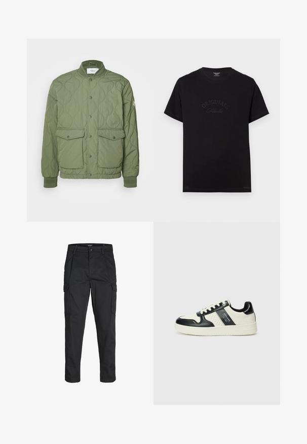 Groene gewatteerde jas met een ronde kraag, drukknoopsluiting, twee voorzakken en geribbelde manchetten, gemaakt van lichtgewicht materiaal.; Zwarte katoenen t-shirt met korte mouwen en een ronde hals. Kenmerkt zich door "ORIGINALS Studio" in ton-sur-ton letters op de voorkant.; Zwarte cargobroek van stevig stof, met meerdere zakken, een knoopsluiting en een slim fit ontwerp met taps toelopende benen.; Leren sneakers met een zwart en crèmekleurig kleurenschema, voorzien van geperforeerde accenten, een gevoerde kraag en een gestructureerde buitenzool.