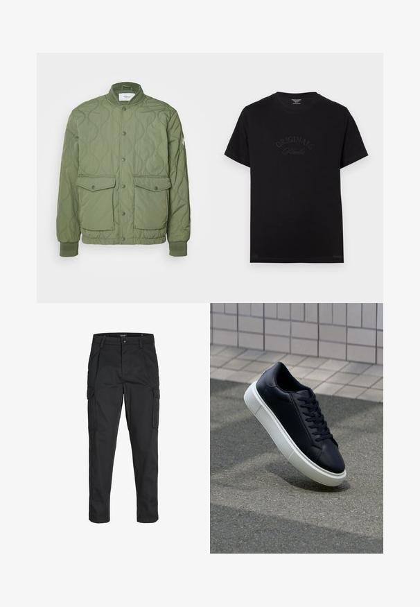 Zielona pikowana kurtka z okrągłym kołnierzem, zatrzaskami, dwoma przednimi kieszeniami i żebrowanymi manszetami, wykonana z lekkiego materiału.; Czarny bawełniany t-shirt z krótkim rękawem i okrągłym dekoltem. Na przedzie znajduje się wytłoczone napisy "ORIGINALS Studio" w tonacji kolorystycznej.; Czarne spodnie cargo wykonane z wytrzymałego materiału, z wieloma kieszeniami, zapięciem na guzik oraz zwężanym krojem nogawek.; Czarne skórzane sneakersy z okrągłym noskiem i białą gumową podeszwą. Posiadają płaskie sznurowadła i minimalne przeszycia na cholewce. Teksturowana podeszwa zapewnia przyczepność.