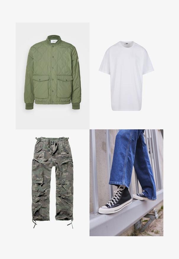 Zöld steppelt dzseki kerek gallérral, patentgombokkal, két elülső zsebbel és bordás mandzsettákkal, könnyű anyagból készült.; Fehér pamut póló rövid ujjal, kerek nyakú, laza szabású, és nincsenek látható logók vagy minták. Simább textúra és minimalista dizájn.; Zöld és szürke kamuflázs cargo nadrág, több zsebbel, rugalmas derékpánttal, állítható bokarészekkel és laza szabással.; Fekete magasszárú sportcipők fehér talppal és fűzővel, laza kék farmernadrággal párosítva, egy szürke korlát tetején pihenve.