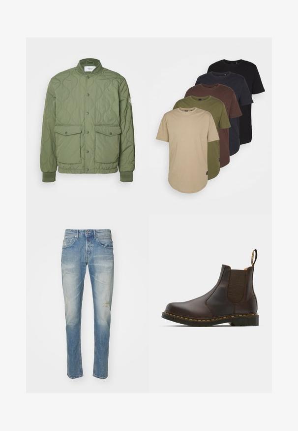 Groene gewatteerde jas met een ronde kraag, drukknoopsluiting, twee voorzakken en geribbelde manchetten, gemaakt van lichtgewicht materiaal.; Vijf t-shirts gerangschikt in een gradient van kleuren: beige, olijfgroen, bruin, donkerblauw en zwart. Gemaakt van zachte katoen met korte mouwen en een ronde hals.; Lichtblauwe denim jeans met een vervaagde afwerking, subtiele slijtage bij de knieën, recht gesneden ontwerp, vijfzakstijl en metalen knoopsluiting.; Bruine leren Chelsea-boot met elastische zijpanelen, gestructureerde hak en contrasterende gele stiksels. Voorzien van een trekband voor gemakkelijk aan- en uittrekken.