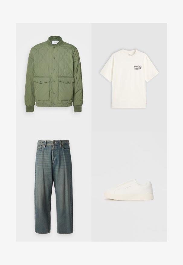 Green quilted jacket featuring a round collar, snap buttons, two front pockets, and ribbed cuffs, made from lightweight material.; White short-sleeve t-shirt made of cotton, featuring a black graphic design on the left chest area with the word "Fresh."; Light blue denim jeans with a loose fit, mid-rise waist, and straight legs. Features five pockets, belt loops, and a button closure.; White slip-on sneakers with a textured surface, a thick sole, and minimalistic design. Features brand logo on the side.