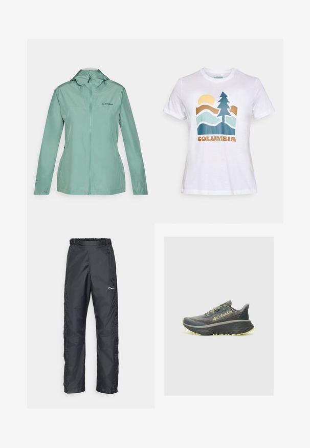 Jachetă de ploaie ușoară, verde mentă, cu fermoar complet, glugă ajustabilă și manșete elastice. Dispune de un detaliu logo în față. Material neted, rezistent la apă.; Tricou alb cu mânecă scurtă, având o grafică cu un soare, un copac, munți și cuvântul "Columbia" scris cu litere maro pe față.; Berghaus DELUGE 2.0 - Pantaloni outdoor - black; Columbia KONOS - Pantofi drumeție - city grey/citron haze