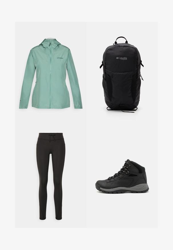 Letvægts mintgrøn regnjakke med fuld lynlås, justerbar hætte og elastiske manchetter. Har en frontlogo detalje. Glat, vandafvisende materiale.; Sort Columbia t-shirt med hvid cirkulær bjerg- og flodlinjekunst samt teksten "Columbia Sportswear Company Udenfor Siden 1938."; Sorte leggings med høj talje, snøre, glat tekstur og tætsiddende design. Har syningsdetaljer langs siderne.; Sort vandrestøvle med en mellem-højde design, der har en tekstureret overdel, grå detaljer og en holdbar gummisål med skridsikre klodser.; Sort Columbia Titanium rygsæk med en glat stoftekstur, sidelommer, bærehåndtag og justerbare stropper. Minimalistisk design med diskret branding.