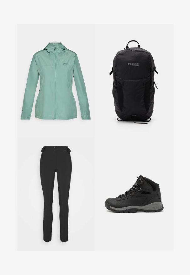 Lehká mintově zelená č rain jacket s plným zipem, nastavitelnou kapucí a elastickými manžetami. Má detail loga na přední straně. Hladký, voděodolný materiál.; Černé tričko Columbia s bílým kruhovým uměleckým ztvárněním hor a řeky a textem "Columbia Sportswear Company Outside Since 1938."; Černé, přiléhavé kalhoty vyrobené z pružného materiálu. Mezi funkce patří boční kapsa na zip, anatomické kolena a hladký povrch.; Černé turistické boty s mírně vyšším střihem, které mají texturovaný svršek, šedé detaily a odolnou gumovou podrážku s trakčními výstupky.; Černý batoh Columbia Titanium s hladkým textilním povrchem, bočními kapsami, horním madlem a nastavitelnými popruhy. Minimalistický design s jemným brandingem.