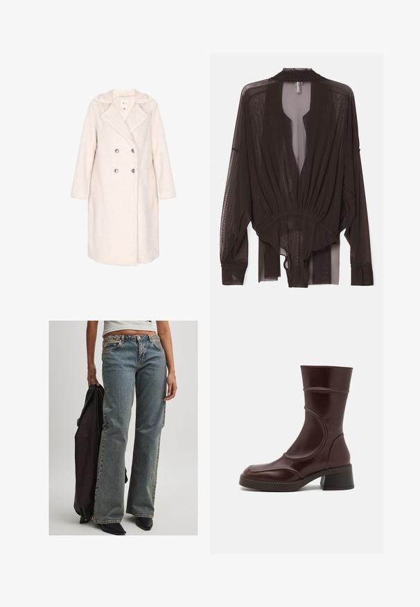 Dobbeltknappet frakke i blødt off-white stof, der har en tekstureret overflade, slidsekrave og sølvknapper. Lange ærmer og knælængde design.; Sorte gennemsigtige bluse med lange ærmer, rynket talje og åben frontdesign. Letvægtsstof med en glat tekstur og flydende silhuet.; Lysblå denimjeans med en afslappet pasform, der har en mellem-høj talje, synlige syninger og et klassisk fem-lomme design. Sorte sko og en mørk jakke er også til stede.; MIISTA MALENE - Støvletter - brown