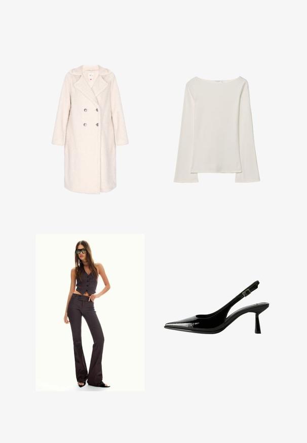 Dobbeltknappet frakke i blødt off-white stof, der har en tekstureret overflade, slidsekrave og sølvknapper. Lange ærmer og knælængde design.; Cremefarvet langærmet top med bred halsudskæring og udvidede ærmer. Glat, letvægtsstof. Simpelt, minimalistisk design uden pynt.; Brun stribet cropped vest og flagrende bukser med knapper og et tekstureret stof. Sorte åbentåede sko og overdimensionerede solbriller.; Sorte patenterede lædersandaletter med spids tå, udskårne sider, justerbar ankelstrop og en tynd, slank hæl.