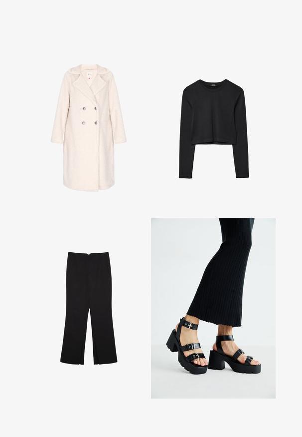 Dvojni plašč iz mehkega off-white blaga, s teksturirano zunanjostjo, obšitim ovratnikom in srebrnimi gumbi. Dolgi rokavi in zasnova do kolen.; Črna dolgi rokavi prerezana majica s krožnim izrezom, enostaven dizajn in rahlo ukrivljen rob.; Črne hlače ravnega kroja z naglavnimi žepi in stranskimi razporki na robu. Narejene iz mehke, gladke tkanine. Primerne za različne priložnosti.; Črne platforme s sandali in debelimi, zarezami ter več naramnicami, ki vključujejo kovinske zaponke in gladko teksturo, podobno usnju.