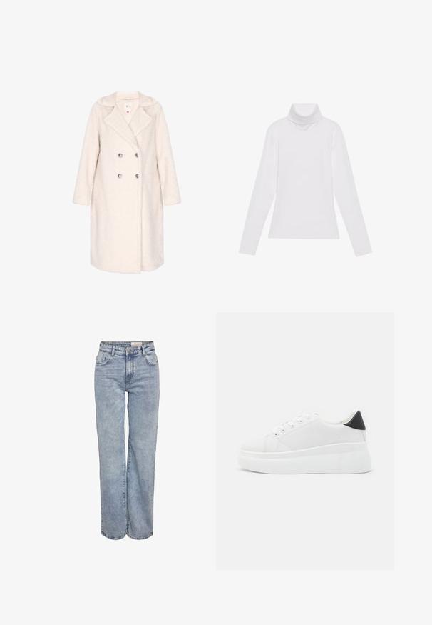 Kétsoros kabát puha, enyhén krémszínű anyagból, texturált külsővel, jónás gallérral és ezüst gombokkal. Hosszú ujjak és térd fölé érő fazon.; Fehér, hosszú ujjú, garbónyakú felső sima, rugalmas anyagból készült. Magas nyakkal és testhezálló fazonnal rendelkezik, látható minták vagy díszítések nélkül.; Világoskék, bő szárú farmernadrág, magas derékkal, öt zsebes kialakítással és finom kopással, amely megadja a viselt megjelenést.; Fehér platform sportcipők sima szintetikus anyagból, lekerekített orral, fűzős kialakítással és texturált gumitalppal. Fekete sarokdísz.