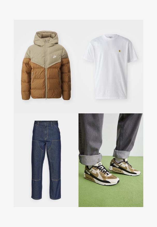 Nike Sportswear PRIMALOFT - Zimska jakna - khaki/light british tan/sail; Bela bombažna majica s kratkimi rokavi, krožnim ovratnikom, z majhnim zlatim logotipom na levem prsnem predelu. Mehka tekstura in običajen kroj.; Temno modri kavbojke z visokim pasom, ravnim krojem, kontrastnim šivom in žepekami na sprednji strani.; Nike Air Max 90 športni copati v bež in črni barvi, s kombinacijo mrežnih in usnjenih materialov, vidno blaženje in črne vezalke.